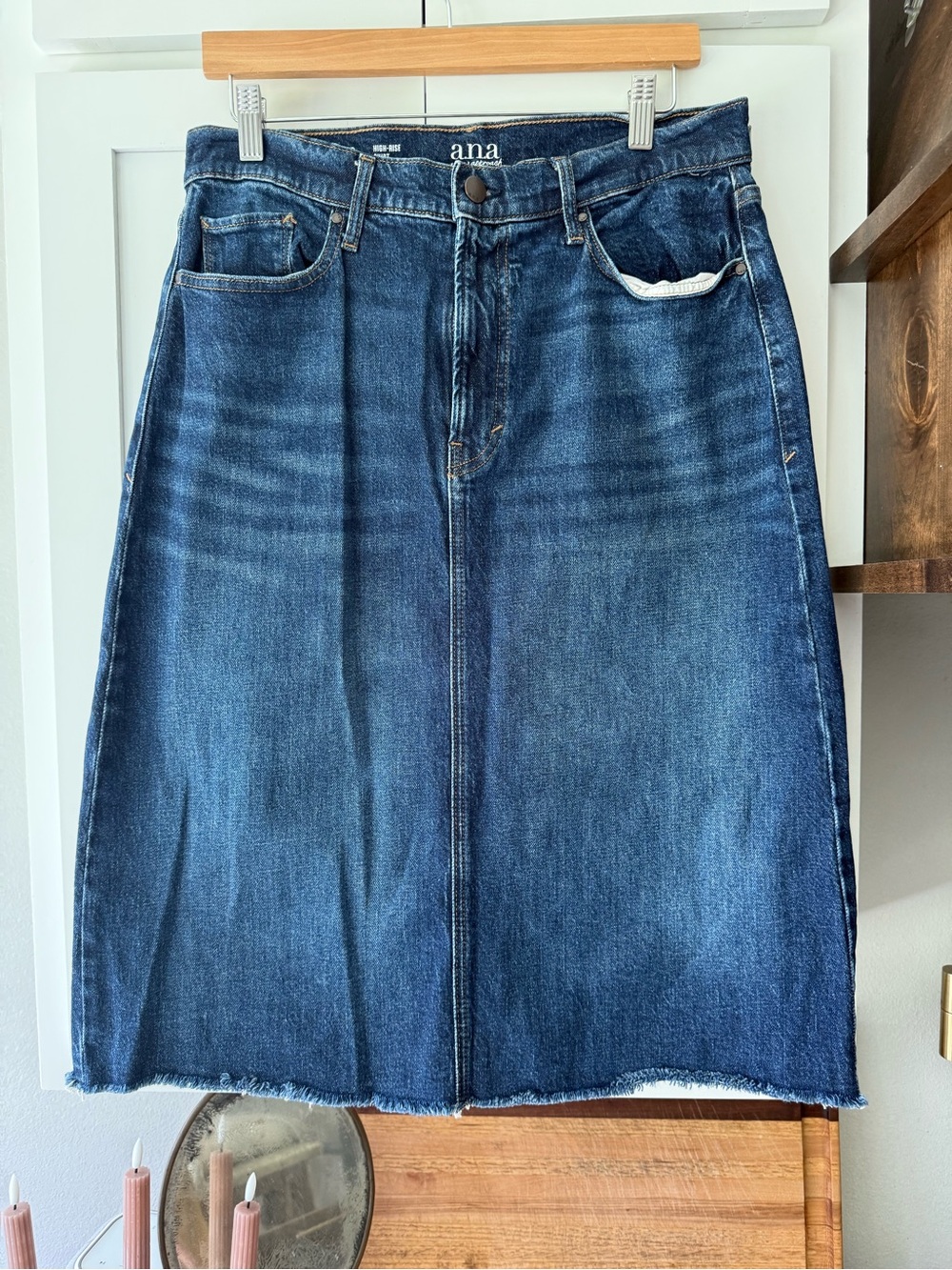 a.n.a. High Rise Denim Midi Skirt| Size 8|Raw Hem| Medium Wash